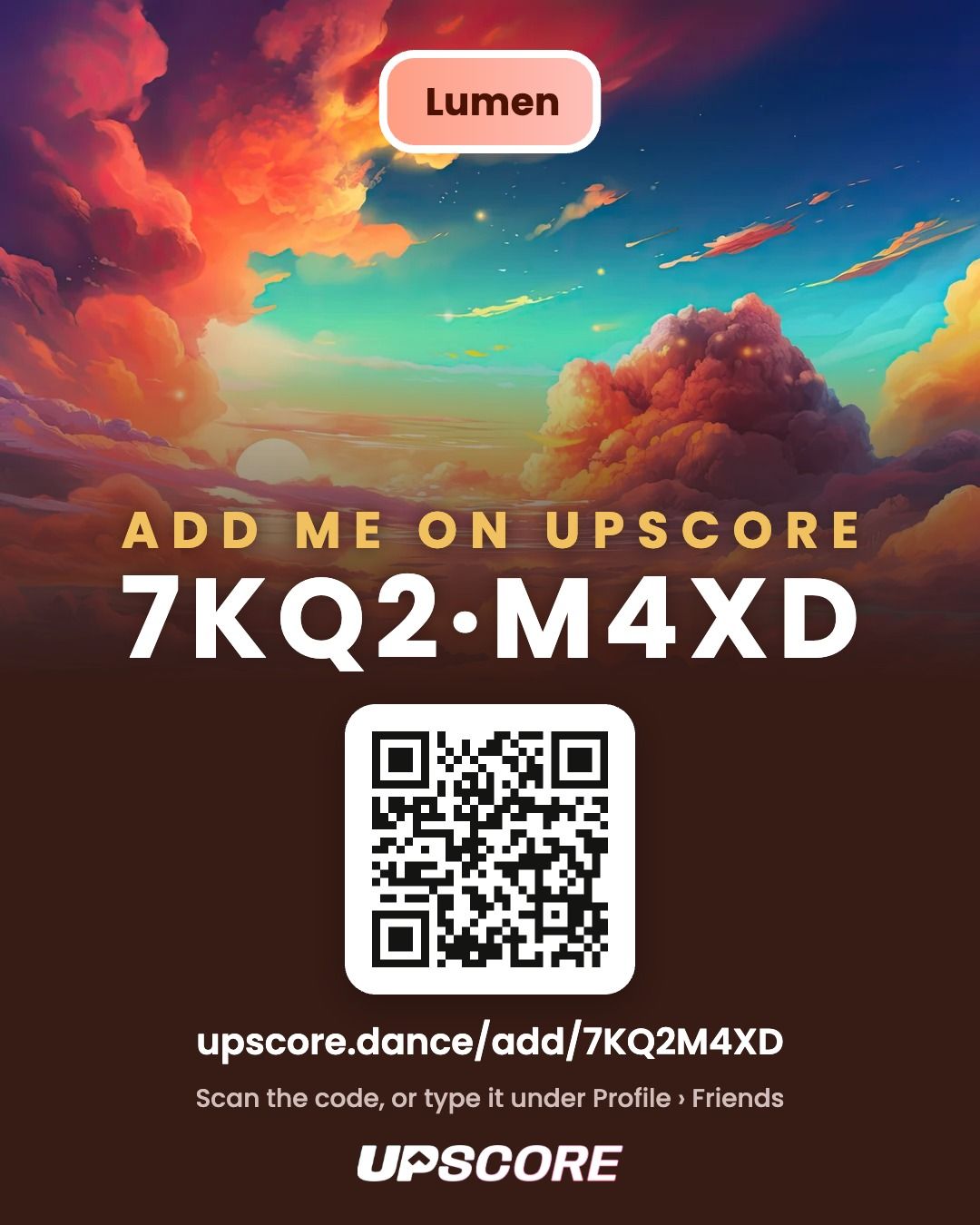 Lumen's friend card with a friend code, a QR code and a link to add them on Upscore
