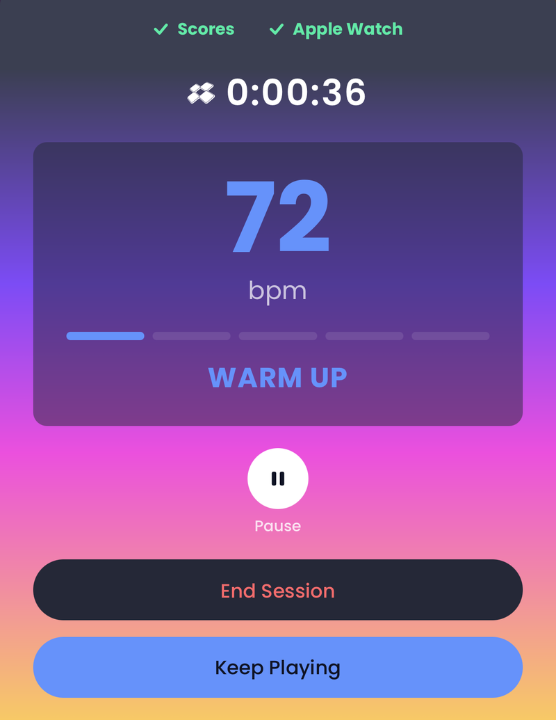 The Upscore app during a session: scores and Apple Watch connected, a running timer, live heart rate of 72 bpm in the warm up zone, and buttons to pause, end the session or keep playing