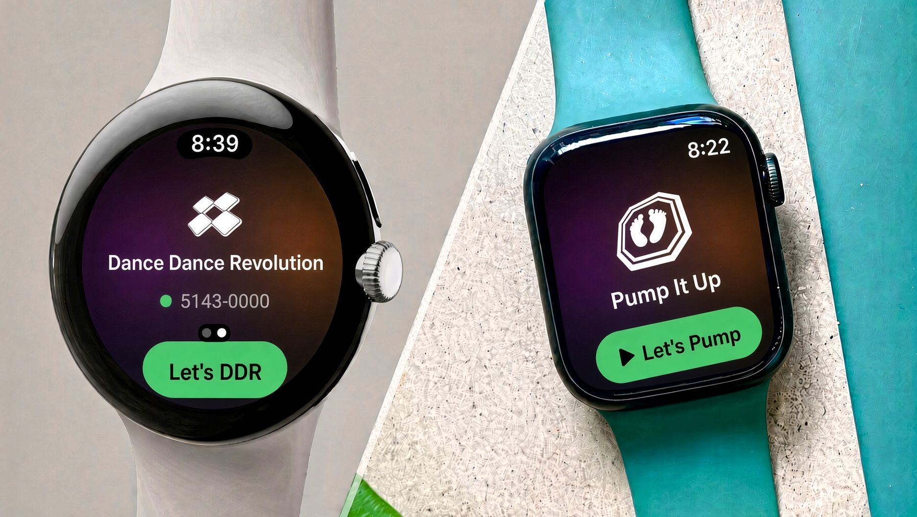Upscore on a Wear OS watch with the Let's DDR start button and on an Apple Watch with the Let's Pump start button