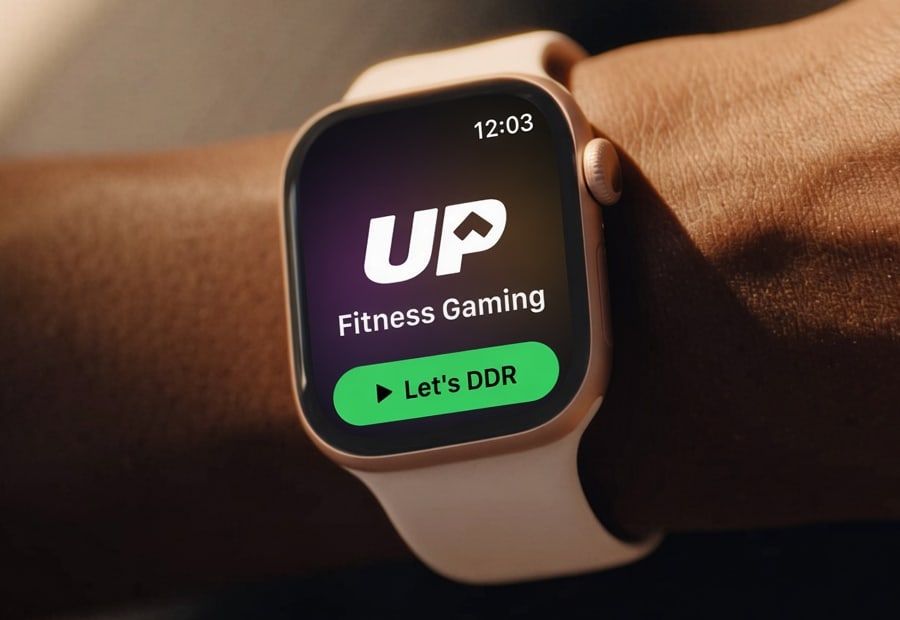 Upscore on an Apple Watch, worn on the wrist, ready to start with Let's DDR